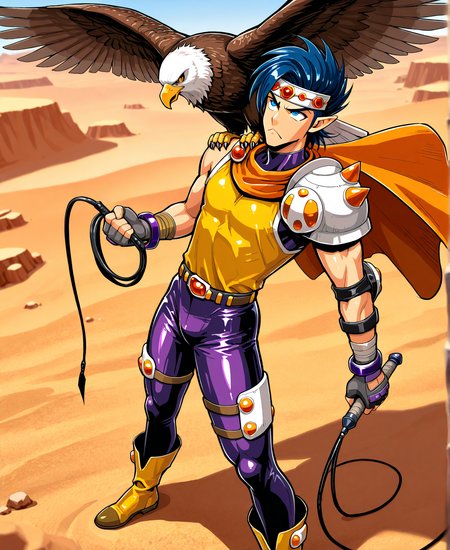 masterpiece, best quality, amazing quality, very aesthetic, absurdres, newest, rdf01, FMIXF, vibrant details, CURIL, 1boy, blue eyes, male focus, toned male, blue hair, headband, orange cape, one pauldron, loose yellow shirt, elbow pads, gray fingerless gloves, purple bracelets, sleeveless purple bodysuit, latex bodysuit, tight bodysuit, thigh armor, yellow boots, pointy ears, >:<, holding whip, desert, outdoors, looking up, (1other, eagle)