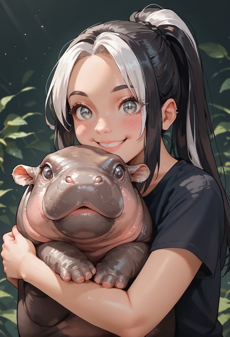 score_9, score_8_up, 1woman, black hair, white highlights, grey eyes, long hair, ponytail, smiling, happy, hugging animal, p3tl0v3, moo deng, hippo, cute <lora:Moo_DengXLP:0.8> no humans, <lora:p3tl0v3XLP:0.8>