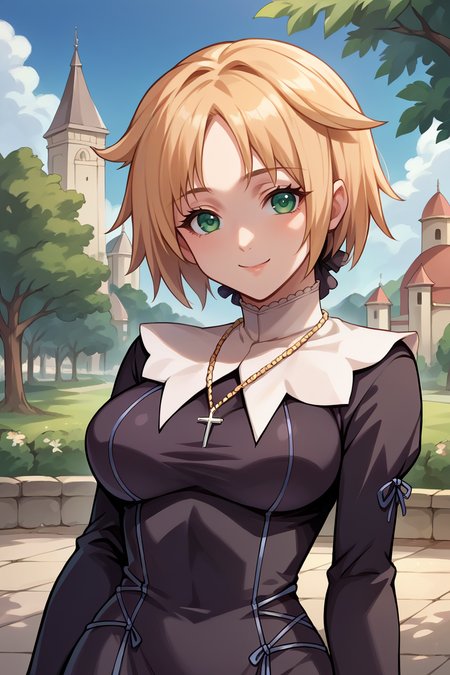score_9, score_8_up, score_7_up, score_6_up, source_anime, BREAK 1girl, solo,  <lora:teresaberia-pdxl-nvwls-v1-000005:1> teresaberia, blonde hair, green eyes, necklace, nun dress, black dress, long sleeves, medium breasts, smile, blue sky, looking at you, trees, city, upper body, monastery
