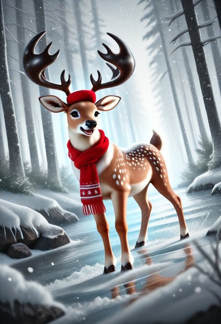 realistic shading, dark environment, dim lighting, expressive face, animal focus, animal christmas, 1deer, full body, standing, scarf, red headwear, fur-trimmed clothing, blurry outdoors forest, christmas, snowing, winter, water, dutch angle, dynamic angle, depth of field, atmospheric perspective, intricately detailed illustration, masterpiece, best quality, amazing quality, very aesthetic, absurdres, newest