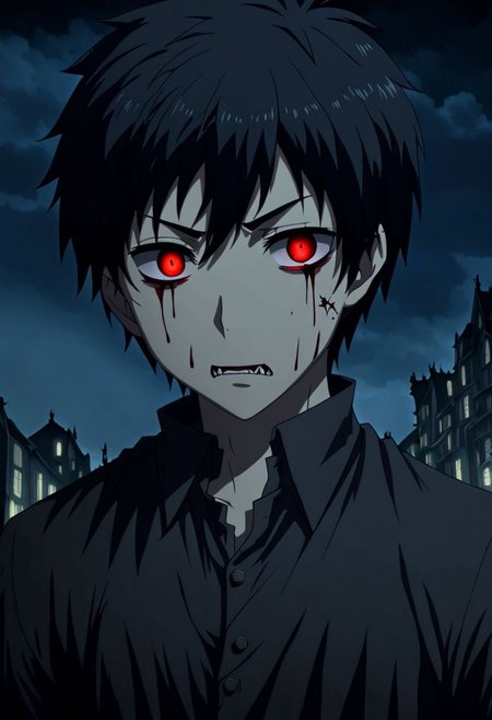high resolution, solo, best quality, 1Boy, Arata Kaizaki, Black Hair, night, vampire, gloomy eyes, horrorcore, OverallDetail