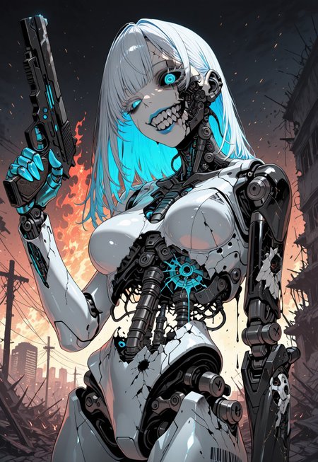 masterpiece, best quality, ultra detailed, very aesthetic, hdr, 8K, very awa, low light, dark shadows, newest, highres, sci-fi theme, white face, shiny white latex skin, high-res, solo robotic female, long white gothic hair, white thick eyelashes, glowing neon blue eyes, neon blue lips, limp body, neon blue light details over body and face, glowing neon blue fingers, black sclera, large eyes, joints, robot joints, robot ears, neon blue transparent mechanical parts, robotic feat, transparent body, black barcode on stomach, glowing lights, depth of field, holding a small gun in hand, covered in scars, broken wires, one arm, battlefield background, destroyed cities, bullet hole wounds leaking black oil, creepy face, missing jaw, missing eye, missing parts, red fire in background, city on fire, cracks, sparks, black oil on body, dripping black oil, missing teeth,