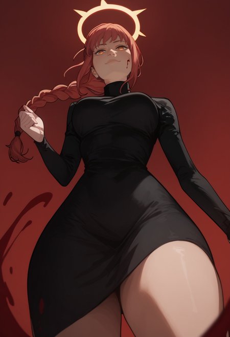 score_9, score_8_up, score_7_up, score_6_up, aesthetic , 1girl, mak1ma0, red hair, long hair, ringed eyes, braided ponytail, black dress , medium breasts, thick thighs, wide hips, ((blood halo)), ((from below)) , looking at viewer , looking down, red background, simple background, standing, taut clothes , taut dress, light smile, arched back, hands behind,
upper body shot,
<lora:Expressive_H:1>,  <lora:incase-ilff-v3-4:0.3>,  <lora:saigalisk_pd:0.8>   <lora:mak1ma0XL_Pony_v1:0.8>