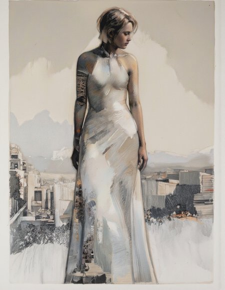 . A photo-realistic painting of a silhouette of a woman in a form-fitting white dress, standing in a minimalistic, abstract composition. the woman, who appears to be in her mid-twenties, is positioned in the center of the image, facing away from the viewer, with her full body visible from the camera. she is wearing a long, flowing white dress with a high neckline and a fitted bodice that accentuates her figure. her hair is styled in a short, neat manner, and her eyes are not visible in the image. her body is slim and her expression is serene, as if she is lost in thought. the background is a mix of muted colors, including shades of white, gray, and black, with a subtle texture that adds depth and dimension to the painting. the painting is framed in a simple, minimalist style, with no other objects or decorations in sight. the overall effect is one of calmness and serenity, with the woman's figure standing out against the abstract background.