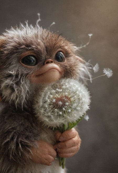 amazing quality, masterpiece, best quality, hyper detailed, ultra detailed, UHD, perfect anatomy, portrait, dof, hyper-realism, majestic, awesome, inspiring, - a fluffy cute #giz# with large friendly eyes Holding a dried dandelion to welcomijg Out Alien Nation friends.. with human perfect teeth and smile, cinematic composition, soft shadows, national geographic style,