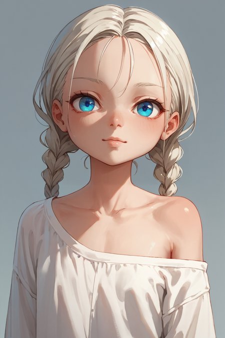 score_9,score_8_up,score_7_up,
1girl, solo, gotyuistyle, platinum blonde hair, blue eyes, twin braids, white off the shoulder shirt, flat chest, looking at viewer, portrait,
 <lora:gotyuistyle:1>
 <lora:1StS_age_slider_v1_initial_release:-1>