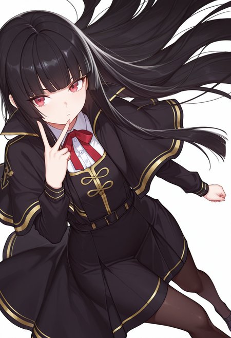 Smooth Quality,masterpiece,very intricate, high quality details, ultra realistic, high detailed skin,detailed enviorement,absurdres,
v,
 <lora:Atre_CNR:0.8> atre_cnr, 1girl, black hair, very long hair,blunt bangs, red eyes,black dress,black capelet, pantyhose, long sleeves, ribbon, shoes,, simple background, white background, dutch angle,solo,, pensive,