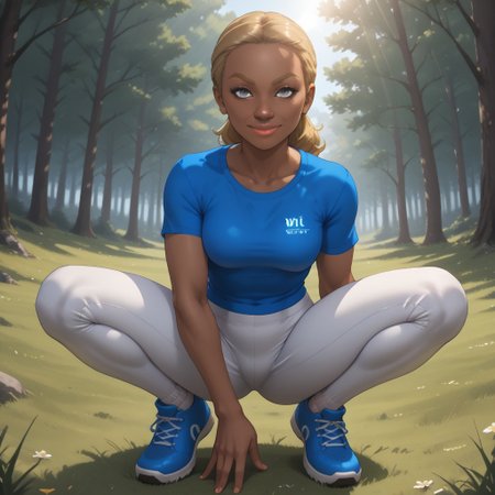 score_9, score_8, BREAK, solo, wii, mii, wii sports, 1girl, female mii, dark blonde hair, dark blonde eyebrows, gray eyes, lips, black skin, dark blue clothing, white pants, shoes, breasts, nintendo mii, modern_mii, classic_mii, Emma_(Wii_Sports), black skin female, sexy pose, self portrait, smile, outdoors, sunlight, shadows, evening lighting, natural lighting, forest, trees, grass, orange sky, sunset, mature female