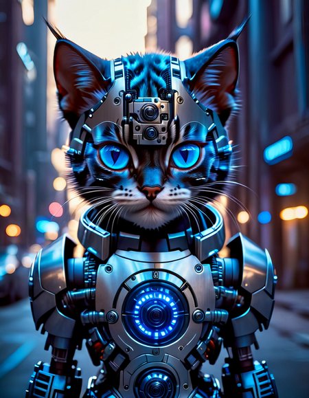 cinematic photo a cute cat, cyberpunk, science fiction, cyborg, looking at viewer, realistic, blue eyes, lips, black hair, freckles, arms at sides, watermark, artist name, standing, android, armor, blurry, joints, light, stunning, gorgeous, intricate detail, sharp focus, beautiful, elegant, highly detailed, very romantic, glowing
 <lora:CyborgsXL:1>, , <lora:FILM_PHOTOGRAPHY_STYLE:0.25> . 35mm photograph, film, bokeh, professional, 4k, highly detailed