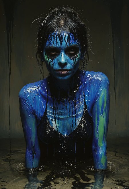 Contorted body emerging from murky water, dynamic lighting, <lora:Melting_world:0.8>, <lora:blacklight_makeup_v2:0.7> blacklight makeup