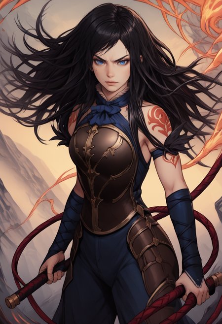 score_9, score_8_up, score_7_up, BREAK, score_9,  <lora:pony_good_hands:1>, <lora:whip:1>, <lora:shanoa:1> shanoa, long hair, black hair, blue eyes, tattoo, good hands, holding whip, fighting stance, slashing, whipping, absurdres,