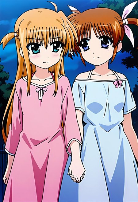 score_9, score_8_up, score_7_up, score_6_up, high resolution, gorgeous, absurdres, best quality, anime screencap, source_anime, 2girls,
lyrical nanoha,arisa bunnings,blonde hair,long hair,bangs,sidelocks,two side up,ahoge,green eyes,small breasts,
blush,
break,
 nanoha,takamachi nanoha, brown hair, twintails, blue eyes, casual clothes, dress,
break,
yuri, holding hands, night,