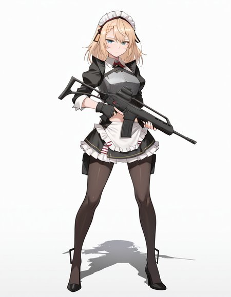 Volumetric Lighting, (masterpiece), (best quality), (ultra-detailed), masterpiece, source_anime, score_9, score_8_up, score_7_up BREAK, illustration, disheveled hair, detailed eyes, perfect composition, moist skin, intricate details, detailed eyes, detailed face, detailed fingers BREAK, G36,blonde hair, blue eyes, braided bangs, medium hair BREAK, G36mod3,mod3_collared_shirt, mod3_apron, mod3_breastplate,mod3_maid_headdress, mod3_skirt, mod3_shirt, mod3_pantyhose, mod3_waist_apron, mod3_fingerless_gloves, mod3_neck_ribbon,midriff,navel mod3_high_heels BREAK, looking at viewer, simple background, white background, holding, medium breasts, full body, holding weapon, gun, holding gun, rifle, assault rifle, trigger discipline, heckler & koch , expressionless,shadow