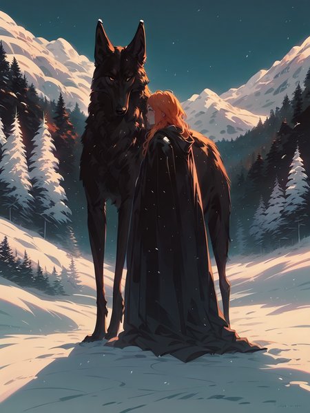 score_9, score_8_up, score_7_up, score_6_up, score_5_up,   <lora:snowXLP:0.8> snow, long hair, outdoors, tree, cloak, wolf, nature, standing, forest, pine tree, black cloak, sky, 1girl, solo, ginger hair