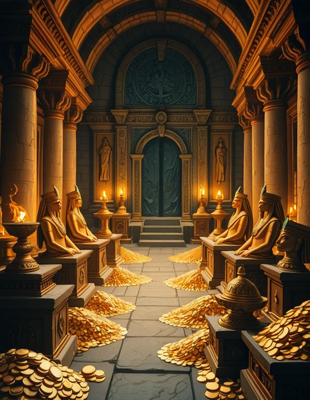 A hidden treasure chamber deep within an ancient temple, illuminated by the warm golden glow of torches and mystical blue light from enchanted crystals. The room is filled with piles of gold coins, jewel-encrusted goblets, and ancient artifacts covered in dust. Massive stone statues of forgotten deities guard the chamber, their eyes glowing faintly as if watching intruders. In the center, a grand pedestal holds a legendary artifactâan ornate golden crown encrusted with emeralds and sapphires, shimmering with an otherworldly aura. The walls are adorned with intricate carvings depicting lost civilizations, and creeping vines hint at centuries of abandonment. The atmosphere is mystical and slightly eerie, with a sense of both wonder and danger. The air is thick with the scent of aged parchment and burning incense, adding to the chamberâs ancient and mysterious feel. Cinematic lighting with dramatic shadows enhances the depth and richness of the scene, creating a visually stunning and immersive environment.
<lora:SDXLFaeTastic2400:0.4> <lora:extremely_detailed:0.4> extremely detailed,treasure ch4mb3r, <lora:treasure_ch4mb3r-i:1>, Masterpiece,best quality,hi res,8k,hi res,8k,award winning,(sharp focus, intricate, highly detailed),