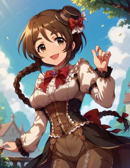 score_9,score_8_up,score_7_up,1girl,solo,cowboy shot,looking at viewer,smile,open mouth,outdoors,
<lora:aiharayukino_ponyXLV6:0.8>,cgayk,brown hair,long braid,thick eyebrows,brown eyes,
mini black hat,white long sleeves,frills,red bow,corset,brown puffy pants