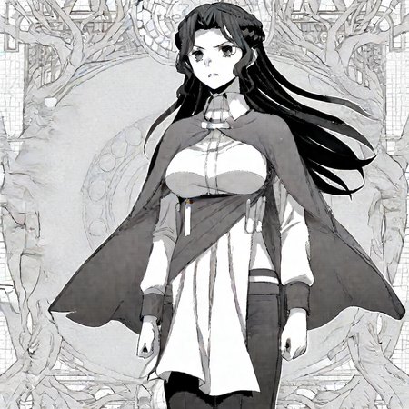 1girl, Fialart, greyscale, monochrome, long hair,  braid, large breasts, shirt, long sleeves, cape, waist cloth, pants, standing