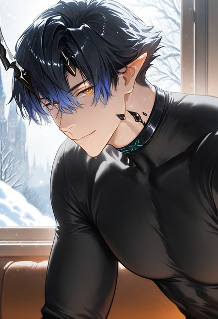 //General, masterpiece,best quality,amazing quality, source_anime, intricately detailed illustration, very aesthetic, absurdres, newest, anime coloring, subsurface scattering, , natural lighting, Expressiveh, detailed skin, shiny skin,aesthetics light, depth of field, vibrant colors,
//Fashion, black shirt, long sleeves, 
//Background, castle interior, indoors, snow background outside the window, 
//Others, 1boy, male focus, solo male, manly body, 
//Action, looking at viewer,  light smile, close up, upper body,
BREAK,
flamebringer, flame_ark, black hair, gradient hair, blue hair, orange eyes, hair between eyes, oripathy lesion (arknights), horns, pointy ears,