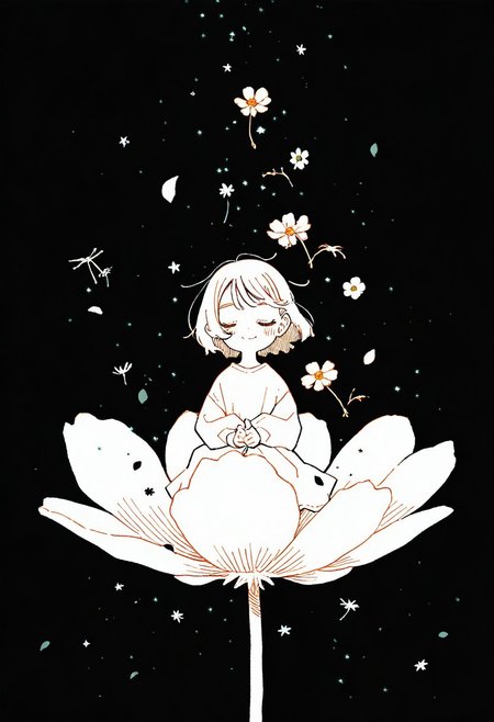 artist: oharu-chan, artist: akai sashimi, (99 yen \(tsubura\):1.2), 
newest, masterpiece, highres, year 2024, year 2023,
cute, hatching \(texture\), flowers, (black petals floating around:1.2), mini cute person sitting on a dandelion, flower petals, solo, 1girl, facing viewer, closed eyes, happy, blush, light smile, split mouth, 
scenery, cosmos, stars, night,