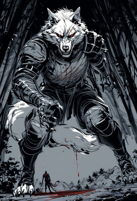 yoji_shinkawa,sketch,  Giant wolf, dynamic pose, (perspective:1.2), close up  cuts, scratches, wounds, red eyes, teeth, white fur, tail, dripping blood, full body, scary,  leather armor, medieval armor, black theme, forest, rocks, plants, night, dark, blood  <lora:Yoji_v2-000014:0.85>, score_8_up, score_7_up, score_6_up