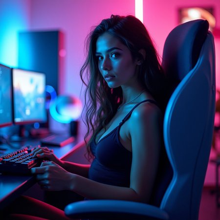 Create a highly detailed and visually stunning photograph of a beautiful female gamer in her late 20s, with a slim and athletic build. She is sitting confidently in a high-tech gaming chair, surrounded by a vibrant, futuristic gaming setup with neon lights illuminating the scene. The background features glowing screens and gaming equipment, casting a soft blue and pink glow on her. Her long, flowing hair is styled elegantly, and she’s wearing a sleek, futuristic outfit that subtly accentuates her figure. Her face shows focus and determination as she grips a high-end gaming controller, her striking eyes glowing with the light from the screens. The lighting should enhance her beauty, with deep shadows and high-contrast reflections highlighting her sharp features and the glossy texture of the gaming setup. The overall scene should feel dynamic, modern, and slightly sensual, capturing the intensity and allure of a top-tier gamer in action.