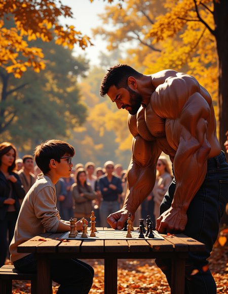 In the park in the warm autumn. Tables for playing chess. A skinny teenager with glasses is sitting at the table. A big bodybuilder in tight clothes is leaning on the table opposite and menacingly looks at the chessboard. Around the audience, beautiful women look at them enthusiastically. soft focus, spectacular lighting, unimaginable quality, 8K, UHD, ,, . mythp0rt, nigiex. (Depth of field), low saturation,detail. mythp0rt Stylish, charismatic. (depth of field) mythp0rt, nigiex.., high contrast, spectacular lighting, spectacular composition, confident woman, , 
, 

soft focus, spectacular lighting, unimaginable quality, 8K, UHD, ,
,.  mythp0rt, nigiex.


 (Depth of field), low saturation,detail. mythp0rt Stylish, charismatic.

(depth of field)
mythp0rt,

nigiex.  
..  mythp0rt, nigiex.


 (Depth of field), low saturation,detail. mythp0rt Stylish, charismatic.

(depth of field)
mythp0rt,

nigiex.  
