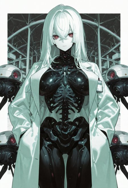 (nyalia:0.8), Yoneyama Mai, (asanagi:0.25),1girl, skeleton, colored skin, white skin, white hair, breasts, multicolored skin, black skin, long hair, large breasts, two-tone skin, robot, open coat, lab coat, open clothes, android, looking at viewer, mechanical parts, ribs, white coat, hair between eyes, drone, coat, non-humanoid robot, solo, science fiction, spine, white background, hands in pockets, closed mouth, crossed bangs,,masterpiece, best quality, newest, absurdres, highres, very awa, detail pupil, detail background <lora:None:1.0> <lora:ub1mo_V2_illnoob_eps1.1ï¼æ¸æ°ææççº¿æ¡ï¼ç»å¯¹éæèº¯ä½çè¡¨ç°ï¼è¿æå¤§å¤§çä¹³æ¿ï¼-noob:0.7500000000000001> <lora:omone_hokoma_agmV4_é¿æé­AGM-Illustrious:0.3500000000000001> <lora:æ­¦åå´-Takeuchi_Takashi_(type-moon,fate)_styleââEL3GY-noob:0.3500000000000001> <lora:æ¬åºé·å¤ª-Honjou_Raita_Style-IllustriousXL:0.5000000000000001> <lora:æ¶å-ebonyxh_style_LoRA_for-Illustrious:0.3500000000000001> <lora:æ¬åºé·å¤ª(800M+)-Raita_Style-Illustrious:0.3500000000000001>