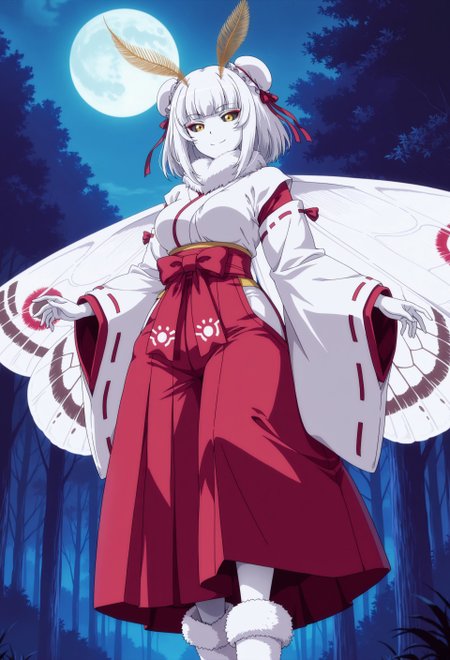 safe_pos, (masterpiece, best quality), anime coloring, 
1girl, moth girl, arthropod girl, monster girl, silver hair, short hime cut, short hair, double bun, double bun, bun cover for double bun, golden bun cover, red hair ribbon, white skin, yellow eyes, black sclera, red eyeshadow, japanese clothes, white sleeves, long sleeves, wide sleeves, white kimono, red hakama, medium breasts, smile, moth antennae, feather antennae, neck fur, fur collar, white fur, white wings, moth wings, white fur boots
BREAK
outdoors, night, forest, moon
