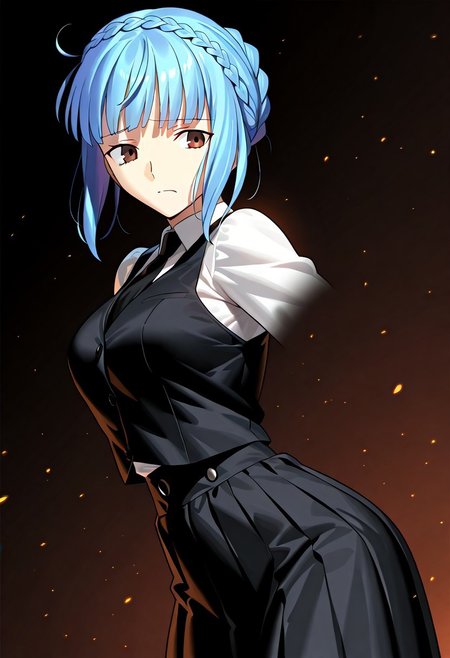 ((masterpiece, best quality, amazing quality, very aesthetic, absurdres)), 
Takeuchi takashi, ((solo)), peaceful, worried, closed mouth, 1girl, (medium breasts, thin waist, wide hips), ((marianne_fire_emblem)), (((blue hair, brown eyes))), (((eyebags, slight eyebags))), ((short hair, braided hair)), (((white shirt, collared shirt, black tie, black vest, long skirt, black skirt))), no background, dark background, sideshot, cowboy shot, dark background, portrait,