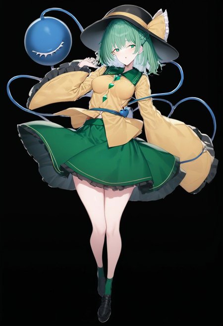 masterpiece, best quality, ultra-detailed, beautiful, nai3, 1girl, solo, full_body, tachi-e, 
koishi_touhou, komeiji_koishi_touhou, 1girl, long_sleeves, wide_sleeves, yellow_shirt, heart_of_string, green_skirt