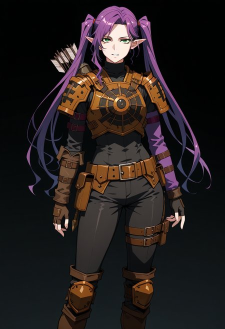 masterpiece, best quality, highly detailed, ultra-realistic, score_9, score_8_up, score_7_up, score_6_up,
1woman, solo, sporty female, mature girl, big woman, warrior women,  Imina, slim, elf, twintails, long face, (hellsing style), nice skin, long hair, purple hair, green eyes, looking at viewer,
aesthetic, pauldron, light armor, brown leather armor, fingerless gloves, circle breastplate, quiver, black turtleneck, belt, pouch, boots, purple arm belts, hip belts, armored knee pads, classy, elegant, stylish,
stands proudly, tall woman, nice hips, psycho smile, teeth, detailed eyes, detailed face, empty hands,
fit, toned, stands proudly, outdoors, (black background:1.2), <lora:Imina_Overlord:1.2>
