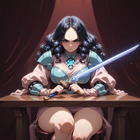 PonyScores7, source_anime, ah1, 1girl, (curly hair), long hair, (black hair), mature female, (parted hair), (round face:1.2), (no_bangs), (no_fringe), (thick eyebrows), (curvy), round-chin, (greenish hazel eyes), caucasian, (downturned eyes:1.2), (plump face), <lora:ETO_OCPonyXL:0.7> eto_oc, skindentation, (plump:1.2), thick thighs, wide hips, busty, voluptuous, kinky curls, lips, bad-hands-5, <lora:venus body PonyXL:0.6>, <lora:xl_more_art-full_v1:0.2>, <lora:shinyskin2:0.2> glistening skin, <lora:aesthetic_anime_v1s:0.2>, <lora:Expressive_H:0.2> Expressiveh, <lora:hairdetailpxl:0.2> hairdetailpxl, <lora:EpicF4nta5yXL:0.2>, <lora:detailxl:0.2> detailxl, <lora:Fant5yP0ny:0.2>, best quality, amazing quality, best aesthetic, absurdres, <lora:expressive eyes:0.2> expressive eyes, <lora:eyedetailpxl:0.2> eyedetailpxl, illustration, Volumetric_Lighting, ultra-detailed, very aesthetic, intricate details, 8k, masterpiece, best_quality, (disgusted , half-closed eyes, disappointed), (In-The-Moment Perspective shot), (Sitting on a stool, legs crossed, with an artist's palette and brush, immersed in creativity), (Private Dining Room, elegant setting with a large dining table, luxurious decor, soft lighting, a personal chef preparing a gourmet meal, intimate ambiance), <lora:Eyes_High_Definition:0.2> EyesHD, looking at viewer, <lora:Pony_Mecha_Knight_-_By_HailoKnight:0.7> sci-fi, (wearing blue violet mecha armor), holding a glowing sword, sci-fi, hkmecha, AS-MidAged,  <lora:Plasma_Sword:0.8> Plasma Sword, Holding Plasma Sword <lora:XL_Weapon_Curved_Sword_Slash-_By_HailoKnight:1> Curved Sword Slash