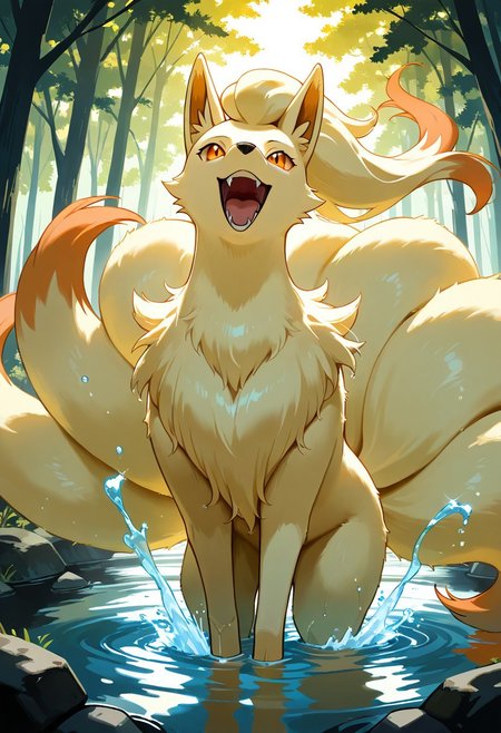 masterpiece, best quality, solo, forest,  zzNinetales, female, amber eyes, playing, in crystal-clear pond, glowing water ripples, serene and tranquil atmosphere, soft lighting, detailed water effects, fur, fluffy tails, fluffy body, (partially submerged), wet fur, warm lighting, action shot, happy, joyful, splashing, mouth open, teeth, fangs