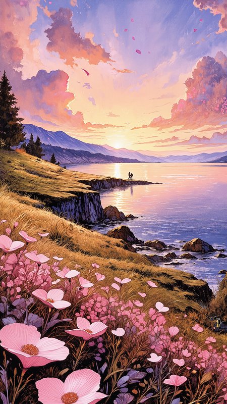 romantic landscape featuring a breathtaking lakeside at sunset. Rolling hills covered in soft pink wildflowers, heart-shaped petals drifting in the breeze, reflective water. The sky is painted in dreamy pastel hues of pink, lavender, and gold, blending seamlessly into the horizon. In the far distance, a couple walks hand in hand along the shoreline, their silhouettes barely visible. Atmospheric depth, warm lighting, painterly textures, and a serene, love-filled ambiance <lora:Illustration_Style_IV:0.8> <lora:Vintage_comic_book:1.0> <lora:flux-fp8-fjsmu:1.4000000000000001>