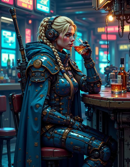 tall blond vikingpunk woman , she is wearing a futuristic plate armour and blue cloak that are covered in celtic runes, her blond hair is braided she sits at the counter of a futuristic bar drinking a whiskey, a futuristic long_axe is leaning agaianst the counter, the barkeepe and other parons look at her in suprisefuturistic bar withe neon signs, monitors and holograms<lora:fluxVikingPunk:0.8>  <lora:ck-nc-pastel-cyberpunk:1.0>
