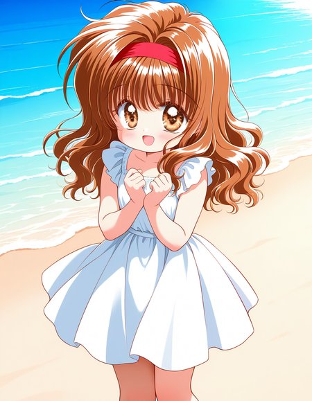 general,highres, ultra-detailed,very aesthetic,best quality ,best hands,  BREAK   <lora:Kana_graduate_IS:1>
Kana_graduate, brown eyes, brown hair, long hair, red hairband, bangs, wavy hair, open mouth. happy,
white dress. white skirt. frill, 
beach, summer, smile, looking at viewer, cowboy_Shot,