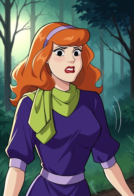score_9, score_8_up,score_7_up, source_anime, 1girl, solo, <lora:EPsbdDaphne:1>, EPsbdDaphne, orange hair, long hair, black eyes, purple hairband, green scarf, purple dress, upper body, motion lines, motion lines, blurry background,  makeup, red lips, 1980s \(style\), retro artstyle, outdoors, forest, night, scared, running, fog, horror \(theme\),