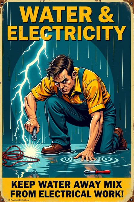 "Vintage safety poster cartoon depicting a worker foolishly attempting to repair electrical wiring while knee-deep in a puddle of water, rain pouring down around him and lightning flashing dramatically in the background. He's holding a wrench and screwdriver, with exposed, sparking wires dangerously close to the water.  His hair is standing on end, and a comical skull and crossbones appears momentarily above his head as electricity crackles around him.  The sign text in vintage font screams: 'WATER & ELECTRICITY: A SHOCKINGLY BAD MIX!  KEEP WATER AWAY FROM ELECTRICAL WORK!'  Render in a high-contrast, vintage cartoon style, using dramatic shadows and bright flashes of electricity to emphasize the danger.  Utilize a palette of electric blue, warning yellow, and stark black to create visual impact.  Visually stunning vintage cartoon, impactful safety message, high detail in rain effects, electrical sparks, and the worker's foolish actions." <lora:REMEs_War_Poster_Style:0.9> In REME's War Poster Style,âââ