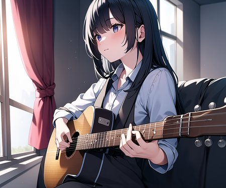 <lora:Something:0.8>,  girl playing guitar in an early morning apartment, dust particles, godrays shining through window,