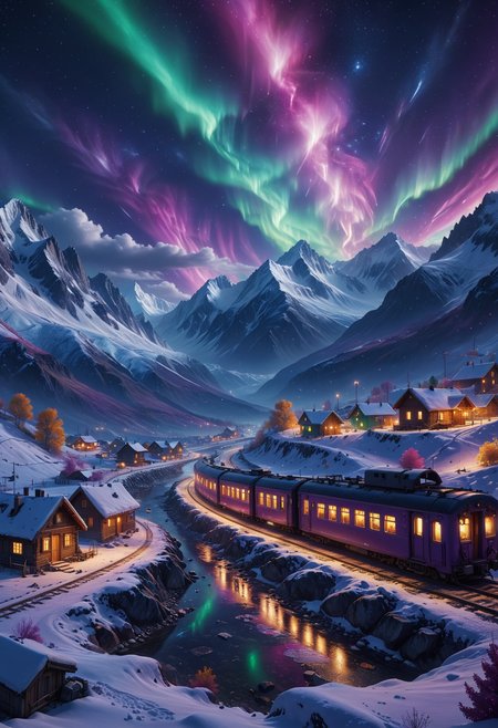 Purple aurora above the white snow mountains, cars, trains, people, houses, villages, sheds, snow mountains, rivers, snowstorms, fireworks in the world, starry sky, colorful stars flashing, Unreal engine, 4K HD 8K,
<lora:add-detail-xl:0.35> <lora:MJ52:0.18> <lora:ral-anmwrlds-sdxl:0.3> ral-anmwrlds <lora:ral-porcelain:0.4> ral-porcelain <lora:ral-cltc:0.1> ral-cltc <lora:ral-dissolve:0.25> ral-dissolve <lora:zavy-mthcl-sdxl:0.2> <lora:SDXLFaeTastic2400:0.2>  <lora:WildcardX-XL-Detail-Enhancer:0.5>