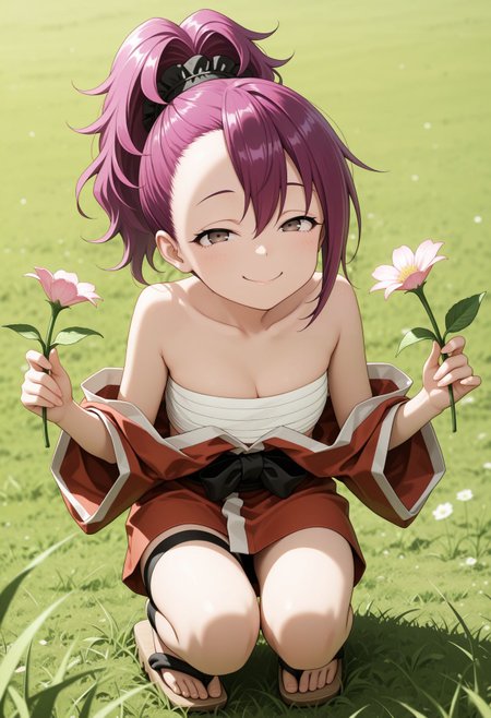 masterpiece,best quality,absurdres,highres,very aesthetic,high quality,detailed,insanely detailed,beautiful,perfect lighting, looking at viewer,  very awa 
 <lora:Azami  llu:1> 1girl, ponytail, purple hair, brown eyes, hair scrunchie, bare shoulders, japanese clothes, collarbone, chest sarashi, sarashi, 1girl, smile, , kimono, off shoulder, 
 grass field, smile, squat, holding flower