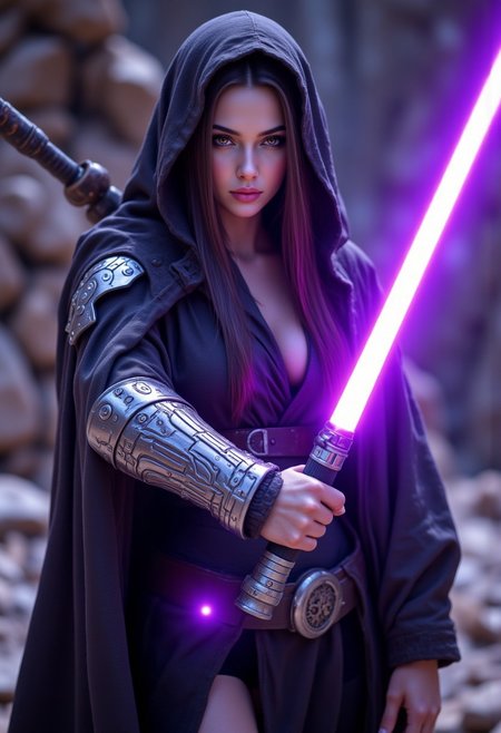 realistic, PHOTOREALISTIC, ((perfect anatomy)), (futuristic warrior with purple lightsaber:1.3), ((sexy dynamic pose:1.3)), 25 years old, perfect quality, high quality, wielding a purple lightsaber, (sci-fi, star wars, jedi knight), Jaina solo, big brown eyes, dark brown hair, long straight intricate hair, athletic female, ((fitness models, muscle detail, detailed muscle)), long athletic muscular legs, athletic round muscular butt, athletic hips, perfect breasts, perfect body, epic, long hair, intricate hairstyle, cute, cropped body, soft skin, soft skin, textured skin ,shining glossy skin, soft abs, athletic waist, (slender body), dynamic angle, dynamic, dynamic shot, sci-fi, futuristic, ((intricate transparent flowing sheer jedi robes showing sexy body underneath:1.2, armor parts on body:1.2, marble armor:1.2, greave, boots)), glowing runic tattoos on body:1.3, Expressiveh, (volumetric lighting:1.2), cinematic, cinematic lighting, reflections, ultra hd, visual effects, graphic effects, ambient occlusion, raytracing, soft lighting, realistic, blum effect, masterpiece, absolutely eye-catching, particles, glow, shining, intricate cinematic background, (beautiful cute face), relaxing, undressing by fire pit after battle,  close up, glad the viewer is safe, aidmaMJ6.1, aidmaimageupgrader, aidmaHyperrealism, aidmafluxpro1.1, Perfect hand, Detailed hand