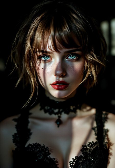 Photorealistic portrait of a young woman with a delicate, angular face featuring soft freckles across her nose and cheeks. She has a short, choppy light chestnut brown bob haircut with uneven bangs that frame her expressive, slightly downturned blue eyes. Her pale skin is accentuated by the contrast of light hitting one side of her face, leaving the other in shadow. lace choker,cleaveage,  corset,seductive,sultry, seductive,  blending gothic elegance with a soft, vulnerable expression. The background is silhouetted, creating a dramatic and mysterious atmosphere
