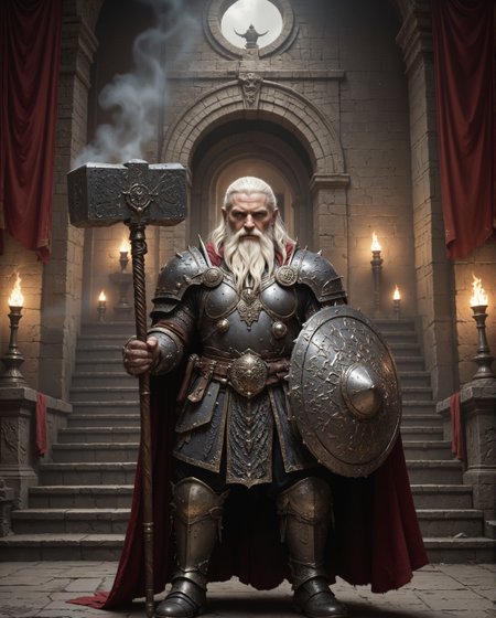 The image portrays a commanding and regal warrior in a richly detailed fantasy setting. The figure stands tall and imposing, exuding authority and strength. His long, snow-white beard is neatly braided, with strands interwoven into intricate plaits, showcasing both his wisdom and cultural heritage. The braiding adds an air of discipline and tradition, emphasizing his distinguished persona. His hair, matching the beard in color, is tied back loosely, cascading slightly behind his head and shoulders.  The character wears an ornate grey crown signifying his high status, possibly as a king or noble warrior. His facial expression is intense and resolute, with piercing eyes that convey both wisdom and determination. His chiseled features and furrowed brows suggest a life of experience, battles, and leadership.  The armor he dons is an extraordinary masterpiece of craftsmanship. Made of intricately engraved grey geometric steel, it is layered with square motifs and patterns an runes, blending utility with aesthetic grandeur. The chest piece is robust and adorned with ornate designs that interlock, accentuating his royal and battle-hardened demeanor. His shoulders are protected by massive pauldrons that match the rest of the armor in detail, and they extend outward with ridged edges, emphasizing his imposing stature.  Around his waist, a wide leather belt with a large, intricately designed buckle secures the armor, while several small pouches and decorative elements hang from it, suggesting readiness for both combat and leadership.  The warrior grips a massive, massive double-headed battle hammer like Thors hammer in his right hand, the weapon clearly a symbol of his strength and authority. The hammers  The head of the weapon is ornately decorated, featuring . The handle is long, sturdy, and metal , ending in a pommel that matches the ornate aesthetic of his overall ensemble.  He also holds ((Very Large big huge)) ((((rectangular)))) angular shield, like a Roman Scutum, it has a boss, a bulge on the front made out of iron or bronze.  The setting further emphasizes the grandeur and mystique of the character. He stands in what appears to be an ancient, stone-built throne room or ceremonial hall. The backdrop features arched doorways and decorative pillars, with warm torchlight casting flickering shadows across the stone walls. The torches are mounted in iron sconces, their flames adding a golden glow to the scene.   a cave and waterfall behind the figure in the background lend a sense of otherworldly majesty and mystery to the environment.  Overall, the image depicts a legendary warrior-king, whose braided white beard, majestic armor, and commanding presence evoke both reverence and awe. This is a figure who symbolizes power, wisdom, and an indomitable spirit, standing at the nexus of history, myth, and destiny.  This image depicts a formidable medieval dwarf warrior clad in heavy, intricate plate armor with a distinctly dark and imposing aesthetic. The artwork appears to be a detailed illustration rendered in monochromatic tones, primarily using blacks, grays, and subtle metallic highlights. The warrior's most striking feature is their helmet, which features a distinctive design reminiscent of early medieval great helms but with added complexity. The helmet has a T-shaped visor with angular, aggressive lines and additional protective plates that give it a menacing appearance. Various geometric patterns and reinforced ridges are incorporated into the helmet's design, suggesting both decorative and functional purposes. The armor itself is a masterwork of layered plates and interlocking segments. The chest piece consists of multiple overlapping plates with geometric patterns and angular designs that echo throughout the entire suit. The shoulders are protected by large pauldrons with sharp, aggressive angles and decorative ridging that matches the overall aesthetic of the armor. The arm protection includes detailed vambraces and couters (elbow protection) that maintain the same geometric motif. Below the waist, the warrior wears a coat of scale mail that resembles a skirt or tasset. This piece is particularly detailed, showing individual scales arranged in overlapping rows, creating a flexible but highly protective layer. The legs are protected by greaves that continue the angular, geometric design language of the upper armor. The warrior's stance is powerful and grounded, suggesting both strength and stability. They are wielding a distinctive weapon that appears to be a war hammer or pole weapon with spikes on both ends. The weapon's design matches the armor's aesthetic, featuring geometric shapes and angular construction. The warrior holds this weapon with both hands in a ready position, suggesting combat preparedness. The entire ensemble is colored in various shades of black and dark gray, with lighter highlights that emphasize the metallic nature of the armor and create depth in the illustration. The shading and detail work is particularly notable in how it brings out the various textures of the different armor components – from the smooth, polished surfaces of the plate armor to the rougher, more textured appearance of the scale mail. The overall design suggests a fusion of historical medieval armor with a fantasy or dark fantasy aesthetic. While the basic components of the armor (helmet, breastplate, pauldrons, etc.) are grounded in historical armor designs, the specific styling and exaggerated elements push it into a more fantastical realm. The aggressive angles, elaborate geometric patterns, and imposing silhouette create an intimidating presence that would be at home in a dark fantasy setting or video game. The illustration style itself is highly detailed and technical, almost like a character concept art piece, with careful attention paid to how each piece of armor would theoretically connect and function. The linework is precise and clean, while the shading adds depth and dimensionality to the figure. Despite the complexity of the armor, the composition remains clear and readable, with a strong sense of the overall silhouette and character design.