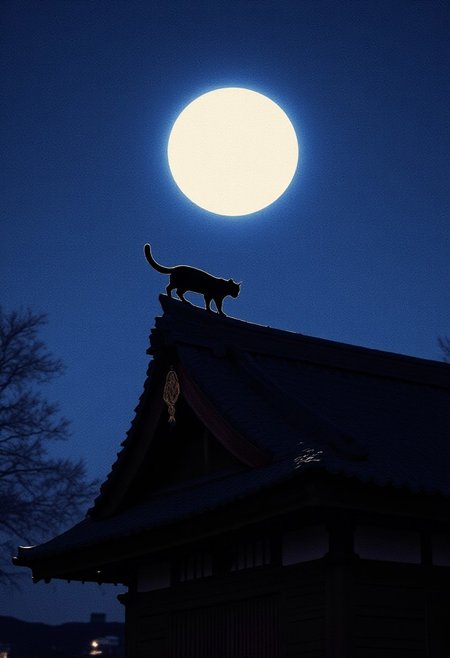 A silhouette of a cat walking on the top of a roof. Japanese architecture. Night. Moonlight
Cinematic lighting, volumetric lighting, 8k quality