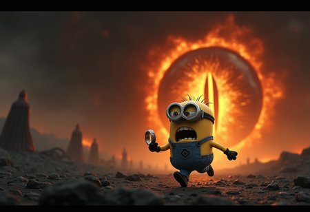 a photorealistic image of a Minion from Despicable Me, holding the One Ring in one hand and running in panic through a dramatic, dark landscape. The Minion's expression should show sheer terror as it flees. Behind the Minion, depict a large, fiery eye with a vertical slit pupil, surrounded by swirling dark clouds and emitting an intense, menacing glow. The atmosphere should be foreboding, with hints of ash and shadowy figures in the background. Ensure the landscape enhances the sense of urgency and danger