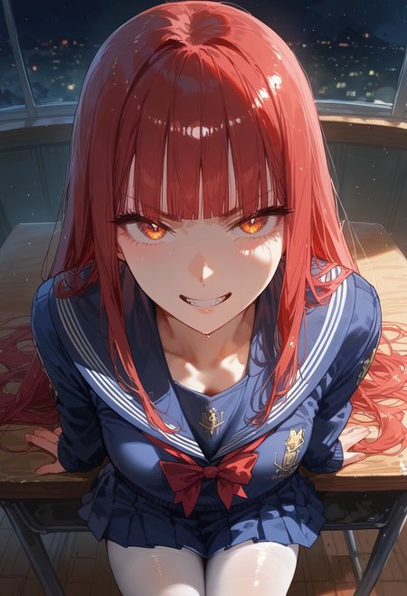 score_9, score_8_up, score_7_up, score_6_up, score_5_up, score_4_up, source_anime,
masterpiece, detailed, detailed body, 
, 
volumetric lighting, vibrant colors, light particles, godrays, warm light, 1dk, Expressiveh
girl, solo, ),  ,  sitting on desk,
  full body,, shiny, shiny skin, skindentation, 
 <lora:zs_SahoriXL_1:1> sahorismtv, long hair, blunt bangs, red hair, blue serafuku, long sleeves, blue skirt, white pantyhose, night, school classroom, evil grin,looking at viewer, from above,  
 Expressive eye,
Expressionless,