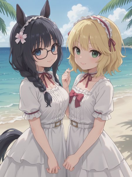 score_9, score_8_up, score_7_up, BREAK 2girls, portrait, from front, looking at viewer, smile, ocean, beach, palm trees, cloud, blue sky,
white dress,
 ADDCOMM 
1girl,
ZennoRobRoy, horse girl, horse ears, horse tail, jitome, tareme, black hair, braid on bangs, hair flaps, sidelocks_on_ribbons, bangs, single braid, horizontal braid bangs, flower hair ornament, black boston glasses, (blue eyes), large breasts, covered ears, hair covering ears, 
 ADDCOL 
1girl,
sakurai momoka, blonde hair, green eyes, bangs, short hair,wavy hair,
<lora:sakuraimomoka_pony_v1_1:0.6>  <lora:sdxl-um-zennorobroy:0.8> ,  <lora:neg4all_bdsqlsz_xl_V91:1>, <lora:hand 4:1> Hand, five fingers,