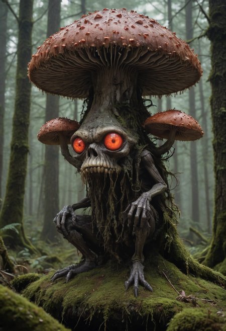 a mushroom with red eyes sits on a moss covered stump in the forest, wearing a mushroom hat, druid, vecna, inspired by Uragami GyokudÅ, necromancer, towering mushroom, spore, fungal, tendrils, mycelium, forest, creature, luminescent eyes, eerie, otherworldly, decaying, dark magic, grotesque, inspired by Sean Aaberg's punk aesthetic, dark fantasy, grim, monstrous, mysticism, hyper photorealistic