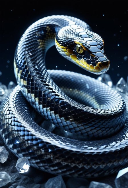 high quality, high resolution, extremely detailed, no humans, animal focus, snake, snake made of crystal, space